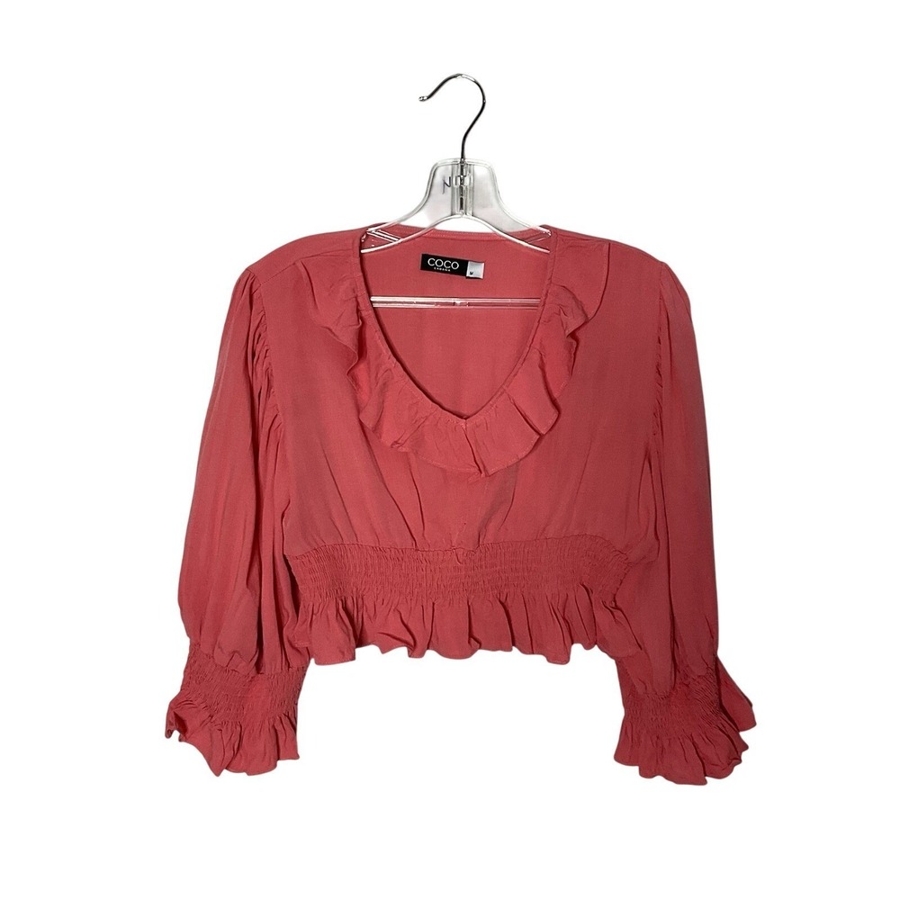 COCO CABANA Coral Ruffle Blouse Smocked Waist & Sleeves Romantic Cottagecore Med